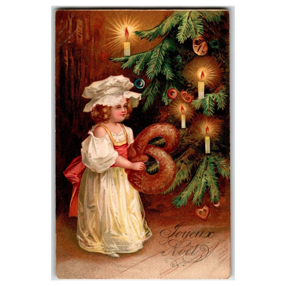 Joyeux Noël Girl Pretzel Christmas Tree Lit Candles Postcard Ellen Clapsaddle